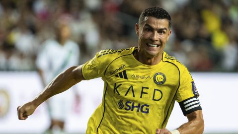 Al Nassr's Cristiano Ronaldo in action during the Saudi Super Cup final soccer match between Al Ahli and Al Nassr at the Hong Kong Stadium in Hong Kong, Saturday, Aug. 23, 2025. (AP Photo/Chan Long Hei)