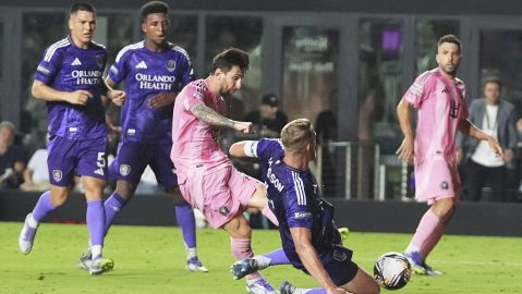 Inter Miami forward Lionel Messi, third from left, scores a goal as Orlando City defender Robin Jansson, second from right, defends during the second half of a Leagues Cup semifinal soccer match, Wednesday, Aug. 27, 2025, in Fort Lauderdale, Fla. (AP Photo/Lynne Sladky)