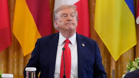 President Donald Trump participates in a meeting with Ukrainian President Volodymyr Zelenskyy and European leaders in the East Room of the White House, Monday, Aug. 18, 2025, in Washington. (AP Photo/Alex Brandon)