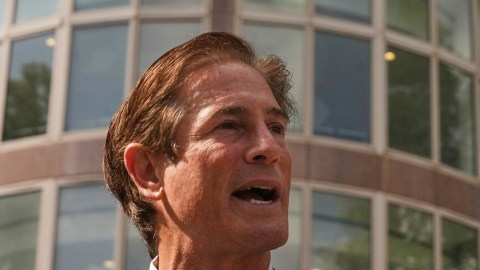 Los Angeles County District Attorney Nathan Hochman speaks to the media during a hearing in the case of Erik and Lyle Menendez Tuesday, May 13, 2025, in Los Angeles. (AP Photo/Damian Dovarganes)