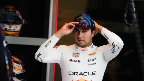 FILE - Red Bull driver Sergio Perez, of Mexico, arrives for the practice ahead of the Formula One Abu Dhabi Grand Prix at the Yas Marina Circuit in Abu Dhabi, UAE, Dec. 6, 2024. (AP Photo/Altaf Qadri, file)