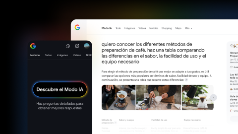 Los resultados del Modo IA combinan múltiples fuentes y formatos—texto, enlaces directos, tablas y más— para que la experiencia sea mucho más interactiva y enriquecedora