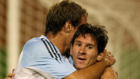 Argentina's Lionel Messi, right, is embraced by teammate Pablo Zabaleta after scoring his team's first goal against Venezuela's during a South American under-20 championships second round game in Armenia, Tuesday, Jan. 25, 2005. (AP Photo/Fernando Vergara) **EFE OUT**