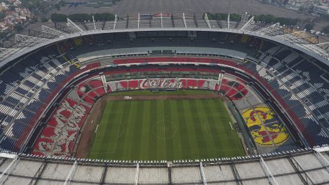 Pollution blankets the sky over the iconic Estadio Azteca and the rest of Mexico City, Thursday, May 16, 2019. A semifinal match between America and Leon that had already been postponed due to air quality will be played out of the city in Queretaro on Thursday. (AP Photo/Rebecca Blackwell)