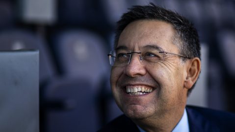 In this Friday, Nov. 8, 2019, photo, President of FC Barcelona Josep Bartomeu smiles during and interview with the Associated Press at the Camp Nou stadium in Barcelona, Spain. Bartomeu told The Associated Press on Friday that "we are preparing this post Messi era." (AP Photo/Emilio Morenatti)