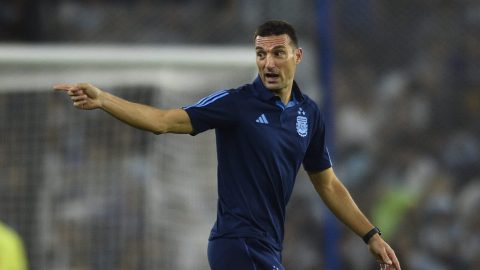Argentina's coach Lionel Scaloni reacts during a qualifying soccer match for the FIFA World Cup 2026 against Uruguay at La Bombonera stadium in Buenos Aires, Argentina, Thursday, Nov. 16, 2023. (AP Photo/Gustavo Garello)