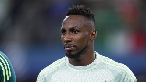 Mexico's Julian Quinones stands during his team's national anthem prior to a CONCACAF Nations League semifinals soccer match against Panama, Thursday, March 21, 2024, in Arlington, Texas. (AP Photo/Julio Cortez)