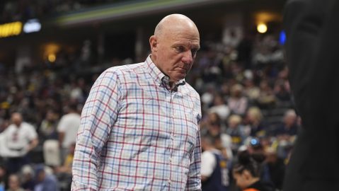 Los Angeles Clippers owner Steve Ballmer in the second half of Game 1 of an NBA first-round playoff series Saturday, April 19, 2025, in Denver. (AP Photo/David Zalubowski)