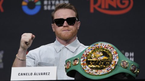 Canelo Alvarez motions during a news conference Friday, June 27, 2025, in Las Vegas. (AP Photo/John Locher)