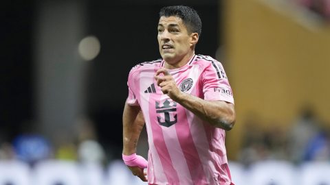 Inter Miami's Luis Suarez runs during the Club World Cup round of 16 soccer match between PSG and Inter Miami in Atlanta, Sunday, June 29, 2025. (AP Photo/Brynn Anderson)