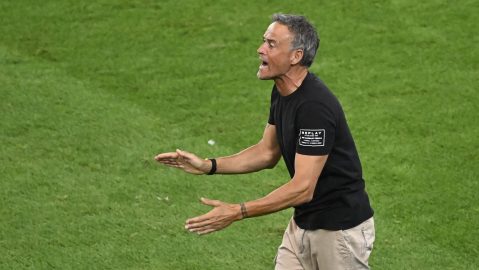 PSG's coach Luis Enrique shouts during the UEFA Super Cup soccer match between Paris Saint-Germain and Tottenham Hotspur in Udine, Italy, Wednesday, Aug. 13, 2025. (AP Photo/Denes Erdos)