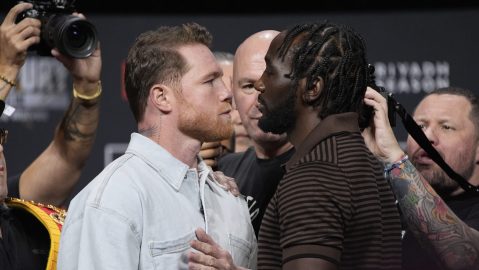 FILE - Canelo Alvarez, left, and Terence Crawford face off during a news conference for their upcoming boxing match Friday, June 27, 2025, in Las Vegas. (AP Photo/John Locher, File)