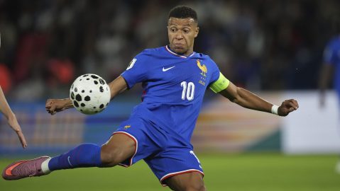 France's Kylian Mbappe kicks the ball during a World Cup Group D qualifying soccer match between France and Iceland at the Parc des Princes stadium in Paris, Tuesday, Sept. 9, 2025. (AP Photo/Christophe Ena)