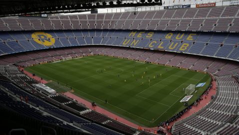 FILE - In this Oct.1, 2017 file photo, Spanish La Liga soccer match between Barcelona and Las Palmas is played at the Camp Nou stadium in Barcelona, Spain. (AP Photo/Manu Fernandez, File)