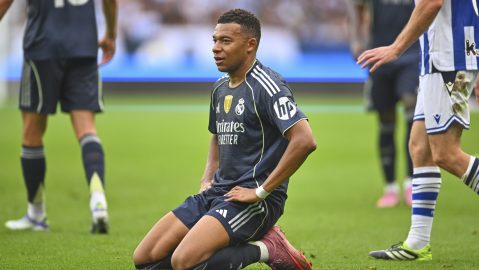 Real Madrid's Kylian Mbappe during the La Liga soccer match between Real Sociedad and Real Madrid at the Reale Arena in San Sebastian, Spain, Saturday, Sept. 13, 2025. (AP Photo/Miguel Oses)