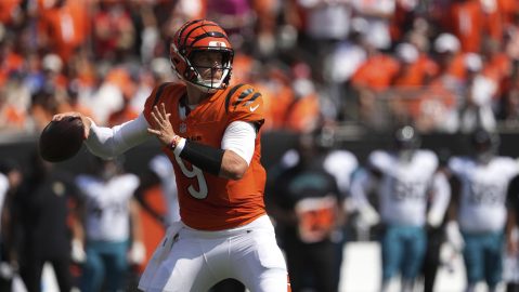 Cincinnati Bengals quarterback Joe Burrow throws during an NFL football game against the Jacksonville Jaguars, Sunday, Sept. 14, 2025, in Cincinnati. (AP Photo/Kareem Elgazzar)