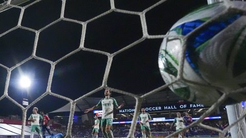 A shot by FC Dallas midfielder Anderson Julio enters the net of Austin FC goalkeeper Brad Stuver for a goal during the second half of an MLS soccer match Saturday, Sept. 13, 2025, in Frisco, Texas. The goal, however, was annulled by an offsides penalty. (AP Photo/Julio Cortez)