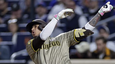 San Diego Padres' Manny Machado reacts to flying out during the first inning of a baseball game against the New York Mets, Tuesday, Sept. 16, 2025, in New York. (AP Photo/Adam Hunger)