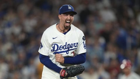 Los Angeles Dodgers starting pitcher Blake Snell celebrates after striking out Philadelphia Phillies' Otto Kemp to end the top of the seventh inning of a baseball game Wednesday, Sept. 17, 2025, in Los Angeles. (AP Photo/Mark J. Terrill)