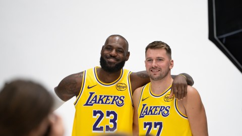 Los Angeles Lakers' LeBron James (23) poses with Luka Doncic (77) during the NBA basketball team's media day in El Segundo, Calif., Monday, Sept. 29, 2025. (AP Photo/Jae C. Hong)