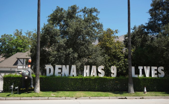 A message of optimism is displayed on the front lawn of an Altadena, Calif. home six months after the Eaton Fire, Tuesday, July 8, 2025. (AP Photo/Chris Pizzello)