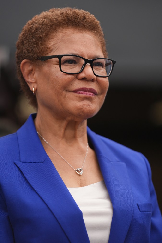Mayor Karen Bass smiles after endorsing Antonio Villaraigosa for California Governor on Tuesday, Sept. 9, 2025, in Los Angeles. (AP Photo/Damian Dovarganes)