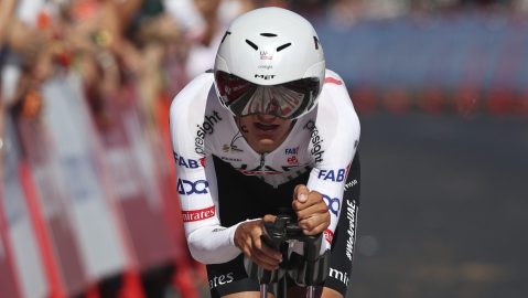 Isaac Del Toro, of Mexico, crosses the finish line in the first stage of the tour of Spain, La Vuelta, cycling race, an individual time trial with start in Lisbon and finish in Oeiras, Portugal, Saturday, Aug. 17, 2024. (AP Photo/Pedro Rocha)