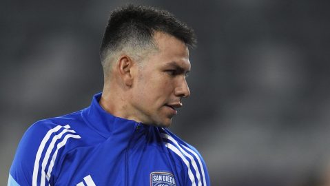 San Diego FC midfielder Hirving Lozano greets fans after an MLS soccer match against the Vancouver Whitecaps Saturday, July 19, 2025, in San Diego. (AP Photo/Gregory Bull)