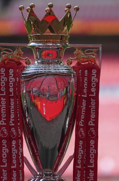 Premier League trophy is displayed at Wembley Stadium in London,Sunday, Aug. 10, 2025. (AP Photo/Dave Shopland)
