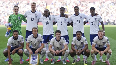 England's team poses for photographers before the start of the World Cup Group K qualifying match between England and Andorra at Villa Park stadium in Birmingham, Saturday, Sept. 6, 2025 . (AP Photo/Dave Shopland)