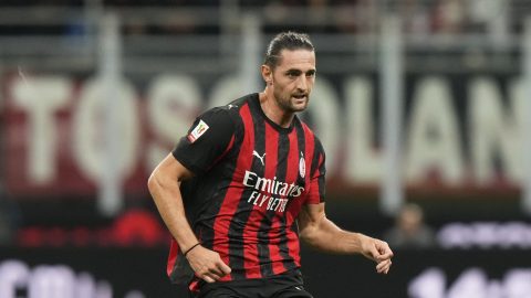 AC Milan's Adrien Rabiot controls the ball during an Italian Cup qualifying match between AC Milan and Lecce, at the San Siro stadium in Milan, Italy, Tuesday, Sept.23, 2025. (AP Photo/Luca Bruno)