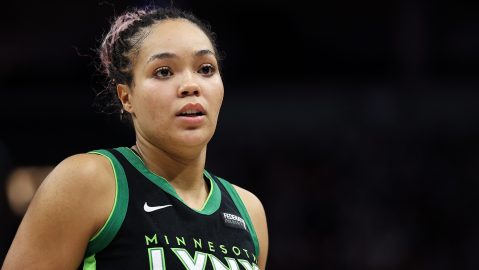 Minnesota Lynx forward Napheesa Collier (24) looks on during the first half of Game 2 of a WNBA basketball playoff semifinals series against the Phoenix Mercury Tuesday, Sept. 23, 2025, in Minneapolis. (AP Photo/Matt Krohn)