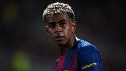 Barcelona's Lamine Yamal during the Champions League opening phase soccer match between Barcelona and Paris Saint-Germain at the Lluis Companys Olympic Stadium in Barcelona, Spain, Wednesday, Oct.1, 2025. (AP Photo/Emilio Morenatti)