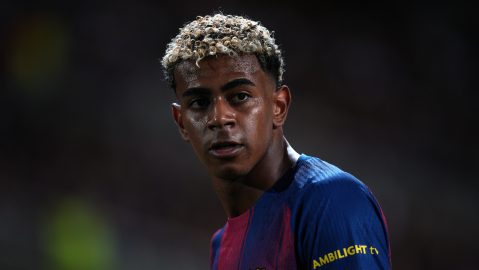 Barcelona's Lamine Yamal during the Champions League opening phase soccer match between Barcelona and Paris Saint-Germain at the Lluis Companys Olympic Stadium in Barcelona, Spain, Wednesday, Oct.1, 2025. (AP Photo/Emilio Morenatti)