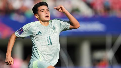 Mexico's Gilberto Mora celebrates scoring his side's first goal against Spain during a FIFA U-20 World Cup Group C soccer match at National Stadium in Santiago, Chile, Wednesday, Oct. 1, 2025. (AP Photo/Esteban Felix)