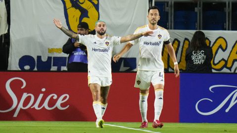 Los Angeles Galaxy's Diego Fagundez, left, and Maya Yoshida celebrate Fagundez' penalty kick goal during the first half of a Campeones Cup soccer match against the Toluca Wednesday, Oct. 1, 2025, in Carson, Calif. (AP Photo/Jae C. Hong)