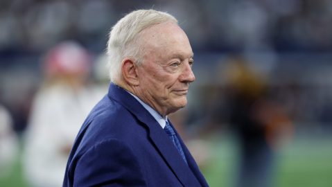 Dallas Cowboys owner and general manager Jerry Jones during pregame warmups before a NFL football game against the Green Bay Packers on Sunday, Sept. 28, 2025, in Arlington, Texas. (AP Photo/Matt Patterson)