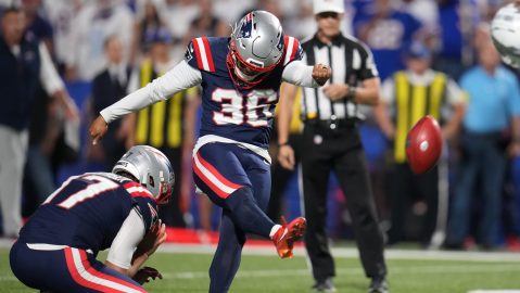 New England Patriots kicker Andy Borregales (36) kicks a field goal against the Buffalo Bills during the first half of an NFL football game, Sunday, Sept. 5, 2025, in Orchard Park, N.Y. (AP Photo/Gene J. Puskar)