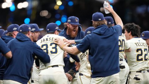 Milwaukee Brewers players celebrate their win over the Chicago Cubs in Game 5 of baseball's National League Division Series, Saturday, Oct. 11, 2025, in Milwaukee. (AP Photo/Kayla Wolf)