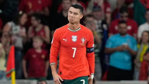 Portugal's Cristiano Ronaldo reacts after scoring during a World Cup 2026 group F qualifying soccer match between Portugal and Hungary in Lisbon, Tuesday, Oct. 14, 2025. (AP Photo/Armando Franca)