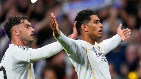 Real Madrid's Jude Bellingham celebrates after scoring his sides first goal during the Champions League opening phase soccer match between Real Madrid and Juventus in Madrid, Spain, Wednesday, Oct. 22, 2025. (AP Photo/Manu Fernandez)