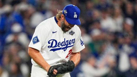 Los Angeles Dodgers pitcher Clayton Kershaw celebrates the end of the top of the 12th inning against the Toronto Blue Jays in Game 3 of baseball's World Series, Monday, Oct. 27, 2025, in Los Angeles. (AP Photo/Brynn Anderson)