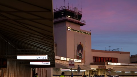 Cars move through Hollywood Burbank Airport on Wednesday, Jan. 22, 2025, in Burbank, Calif. (AP Photo/Andy Bao)
