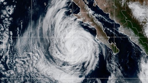 This NOAA satellite image taken at 2:09 p.m. EST on Thursday, Oct. 9, 2025, shows Tropical Storm Priscilla off the western coast of Mexico in the eastern Pacific Ocean. (NOAA via AP)