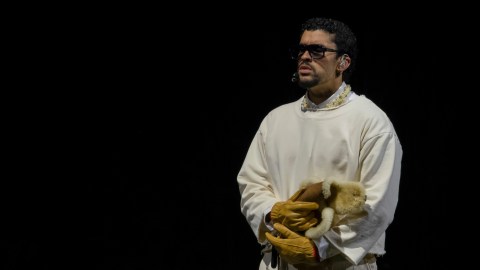 Bad Bunny performs during the final concert of his summer residency in his homeland at the Coliseo de Puerto Rico Jose Miguel Agrelot, in San Juan, Puerto Rico, Saturday, Sept. 20, 2025. (AP Photo/Alejandro Granadillo)