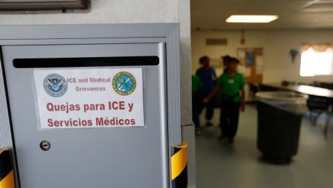 A box for grievances is seen in the cafeteria at the ICE South Texas Family Residential Center, Friday, Aug. 23, 2019, in Dilley, Texas. U.S. Immigration and Customs Enforcement hosted a media tour of the center that houses families who are pending disposition of their immigration cases.(AP Photo/Eric Gay)