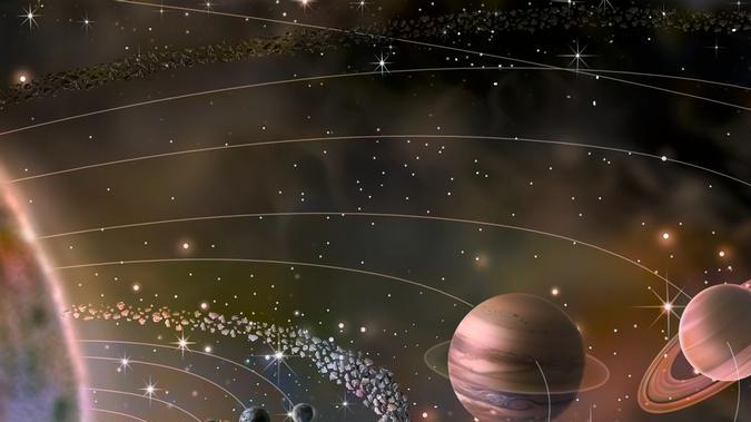 El sistema solar con sus planetas y el Sol, incluyendo a Plutón, que orbita en el lejano cinturón de Kuiper.