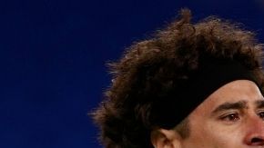 America's goalkeeper Luis Malagon gestures during a Mexican soccer league match against Pumas at Azteca stadium in Mexico City, Saturday, April 22, 2023. (AP Photo/Moises Castillo)