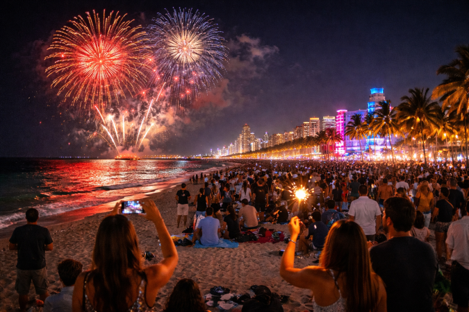 ¿Dónde ver los fuegos artificiales el 31 de diciembre en Miami? Fuegos artificiales de Año Nuevo en Miami Beach con público reunido frente al mar.