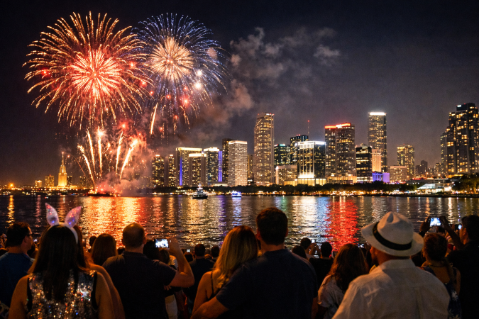 Foto realista nocturna de fuegos artificiales de Año Nuevo en Miami sobre la Bahía de Biscayne, skyline iluminado, reflejos en el agua, gente observando desde un parque o la playa, ambiente festivo, colores intensos, cielo oscuro.